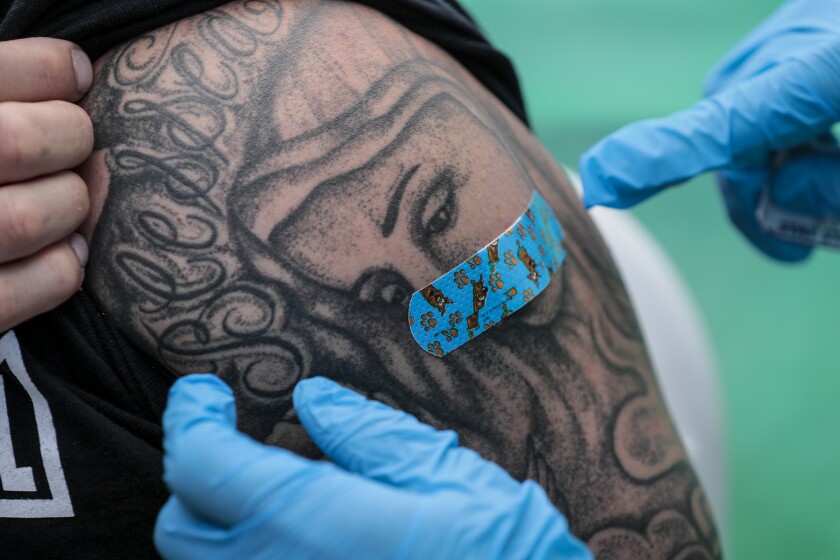 A blue bandage is applied to a tattooed arm