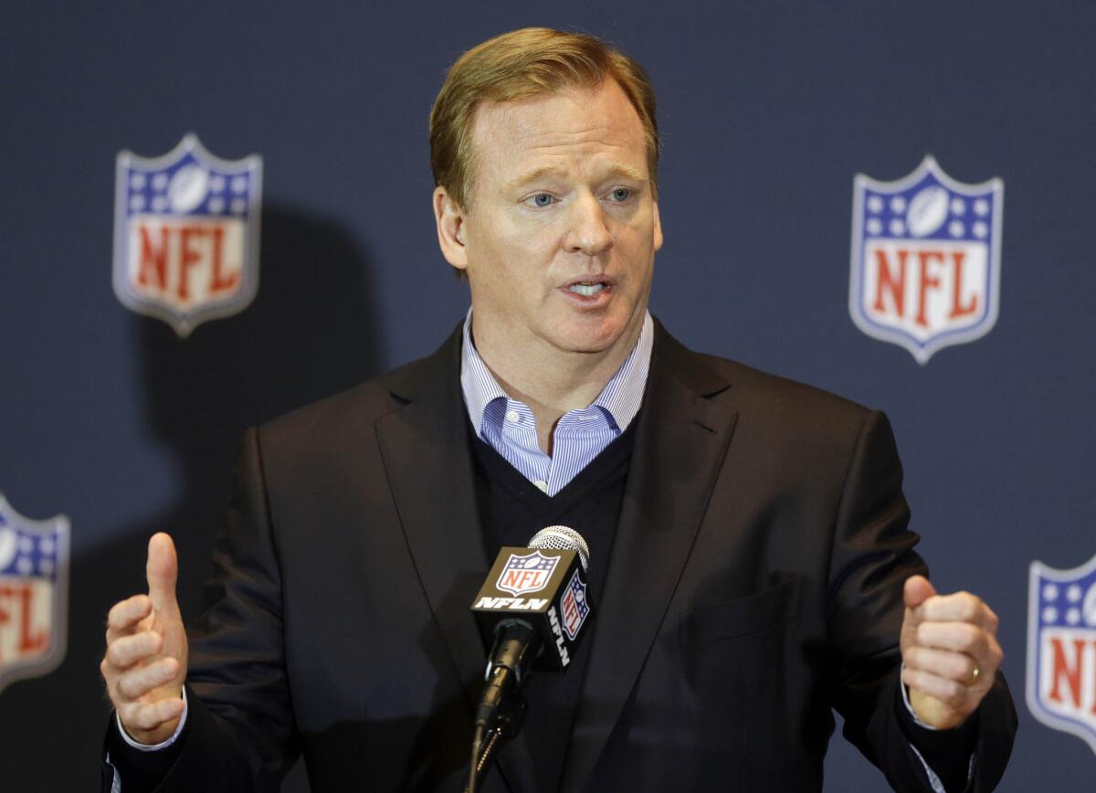 NFL Commissioner Roger Goodell speaks to reporters during the NFL meetings in March.