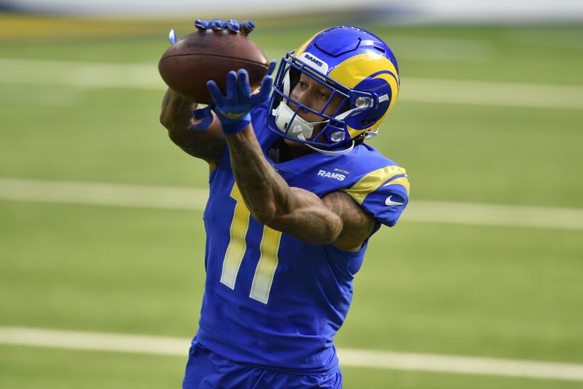 Los Angeles Rams wide receiver Josh Reynolds (11) warms up before an NFL football game against the San Francisco 49ers Sunday, Nov. 29, 2020, in Inglewood, Calif. (AP Photo/Kelvin Kuo)