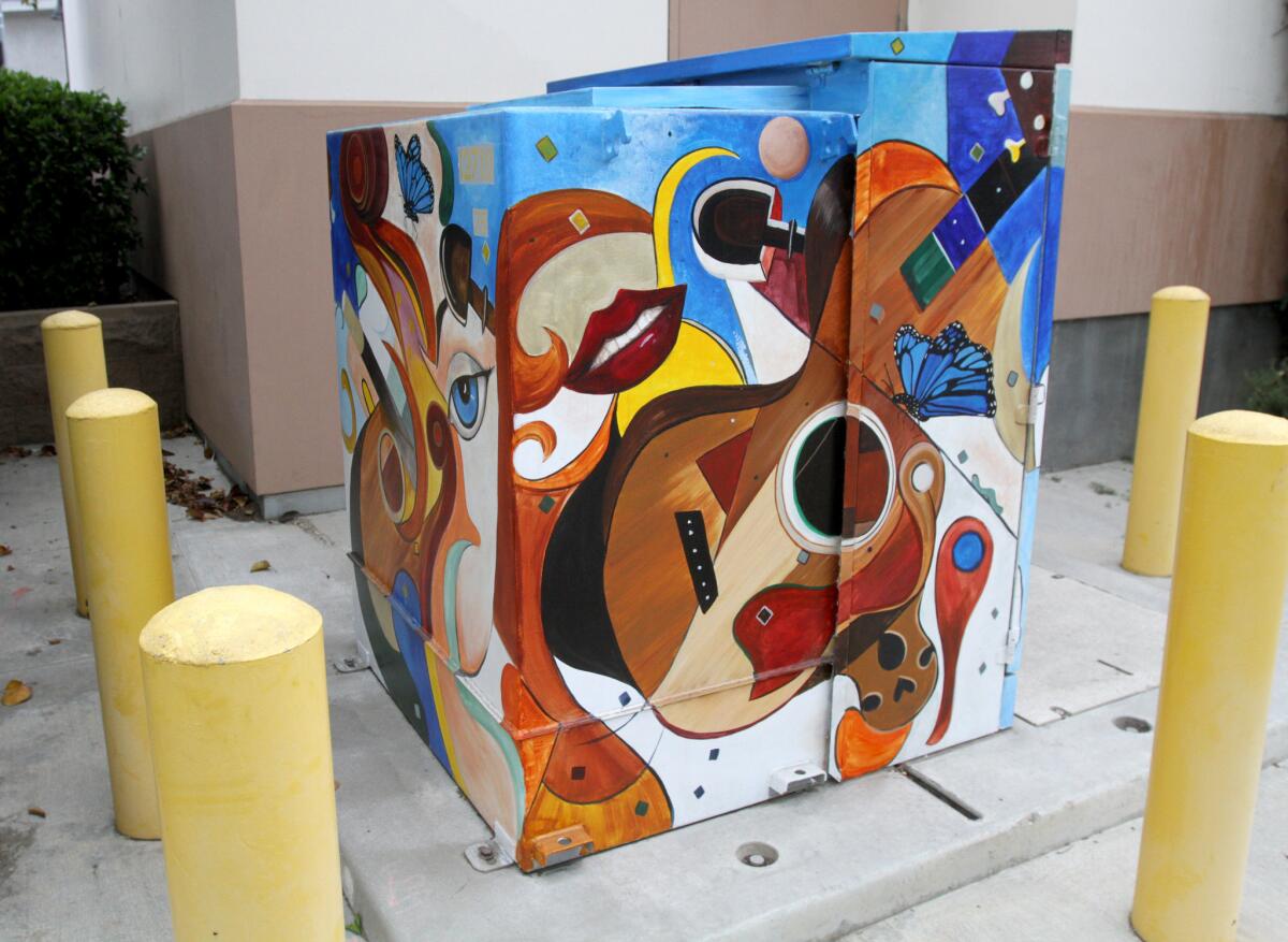 "Taking Flight" by Valley Village-based artist Alexandra Kube, painted on a utility box as a pilot program, at Ovrom Park in Burbank.