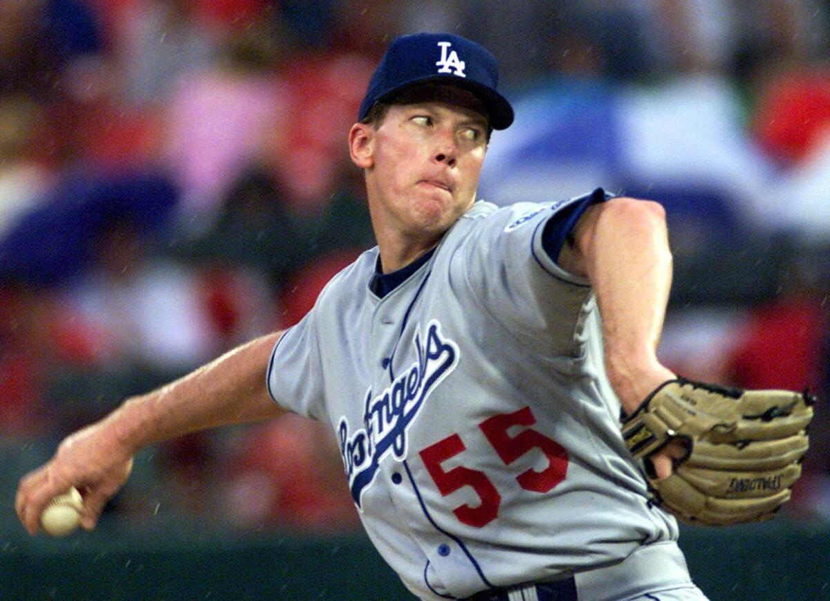 Orel Hershiser pitches for the Dodgers in 2000.