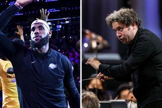 Left, Los Angeles Lakers forward LeBron James is introduced before the game against the Oklahoma City Thunder at Crypto.com Arena on Tuesday, Feb. 7, 2023. Right, Conductor Gustavo Dudamel conducts the LA Philharmonic at Hollywood Bowl on August 12, 2021 in Los Angeles, California.(Wally Skalij; Gina Ferazzi / Los Angeles Times).