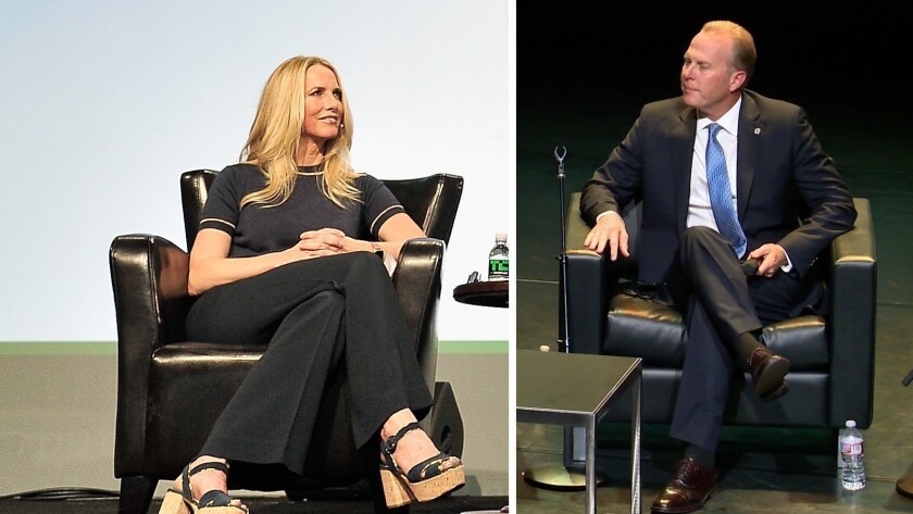 Laurene Powell Jobs, left, and Kevin Faulconer, right, at separate events.