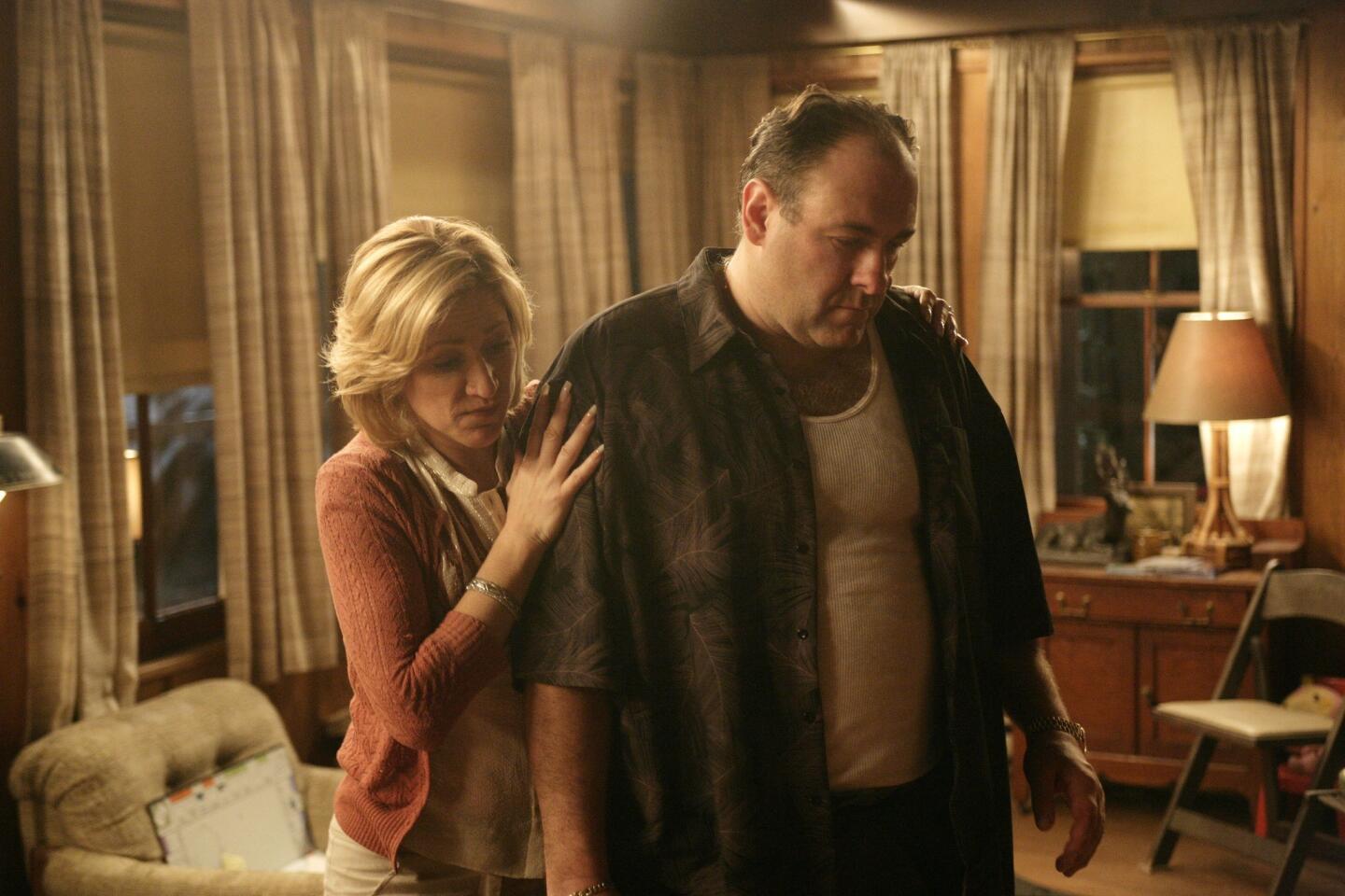 Edie Falco portrays Carmela Soprano and James Gandolfini plays Tony Soprano in a scene from one of the last episodes of the Emmy-winning HBO series "The Sopranos."