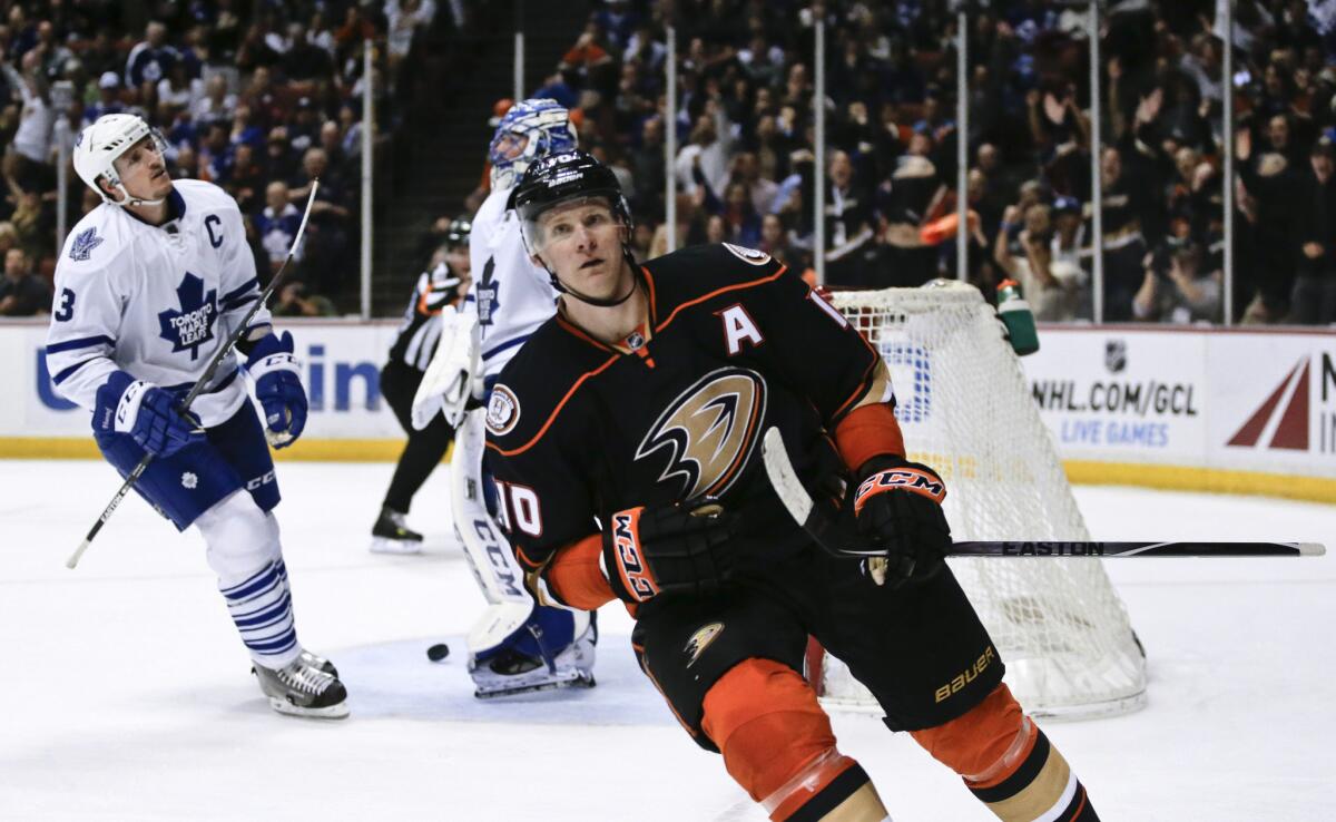 Corey Perry celebrates after scoring a goal against the Maple Leafs in the second period of the Ducks' 4-0 win over Toronto at Honda Center.