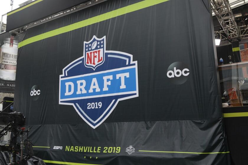 The ESPN set being constructed for the NFL Draft on Tuesday, April 23, 2019 in Nashville, Tenn. (AP Photo/Vera Nieuwenhuis)