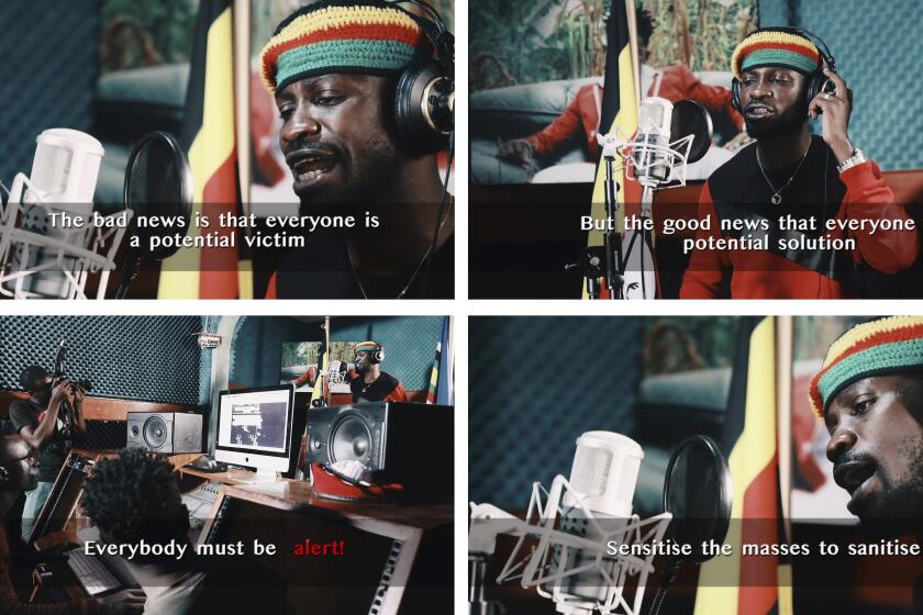 This compilation image made from video frames from the latest music video of Bobi Wine, whose real name is Kyagulanyi Ssentamu, shows the singer recording an informational music video educating the public about the dangers of the new coronavirus and the precautionary measures they should take to fight its spread. Wine, who released a song in March 2020 urging Africa's people to wash their hands to stop the spread of the new coronavirus, is criticizing African governments for not maintaining better health care systems for the continent's 1.3 billion people while investing in weapons and "curtailing the voices of the people". (Bobi Wine via AP)