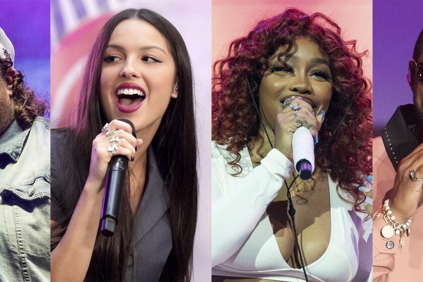 This combination of images shows, from left, Jelly Roll, Olivia Rodrigo, SZA and Usher who will perform at iHeartRadio's 2023 Jingle Ball. (AP Photo)