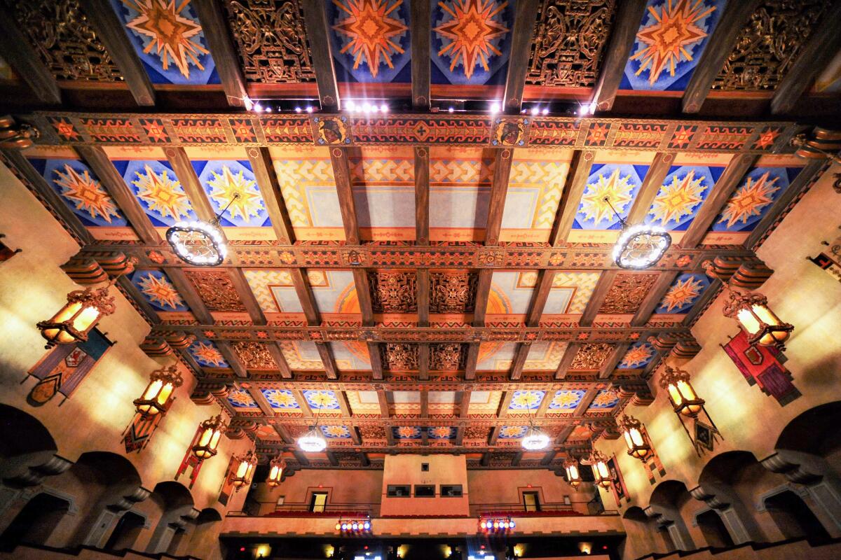 The colorful painted ceiling at San Gabriel Mission Playhouse.