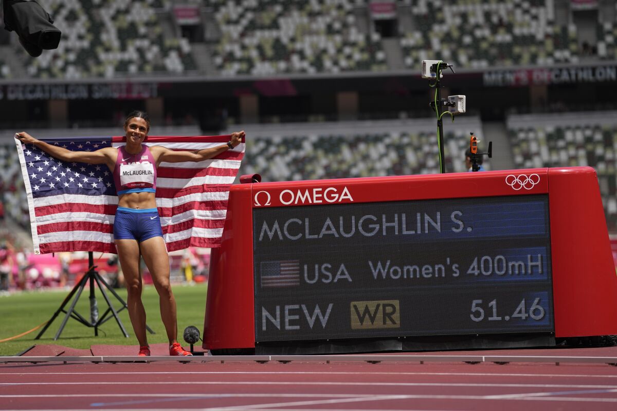 U.S. gold medalist Sydney McLaughlin celebrates after winning the women's 400-meter hurdles.
