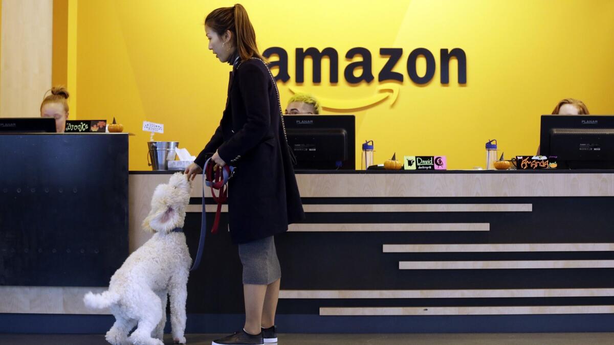 An Amazon employee gives her dog a biscuit as the pair head into a company building in Seattle.