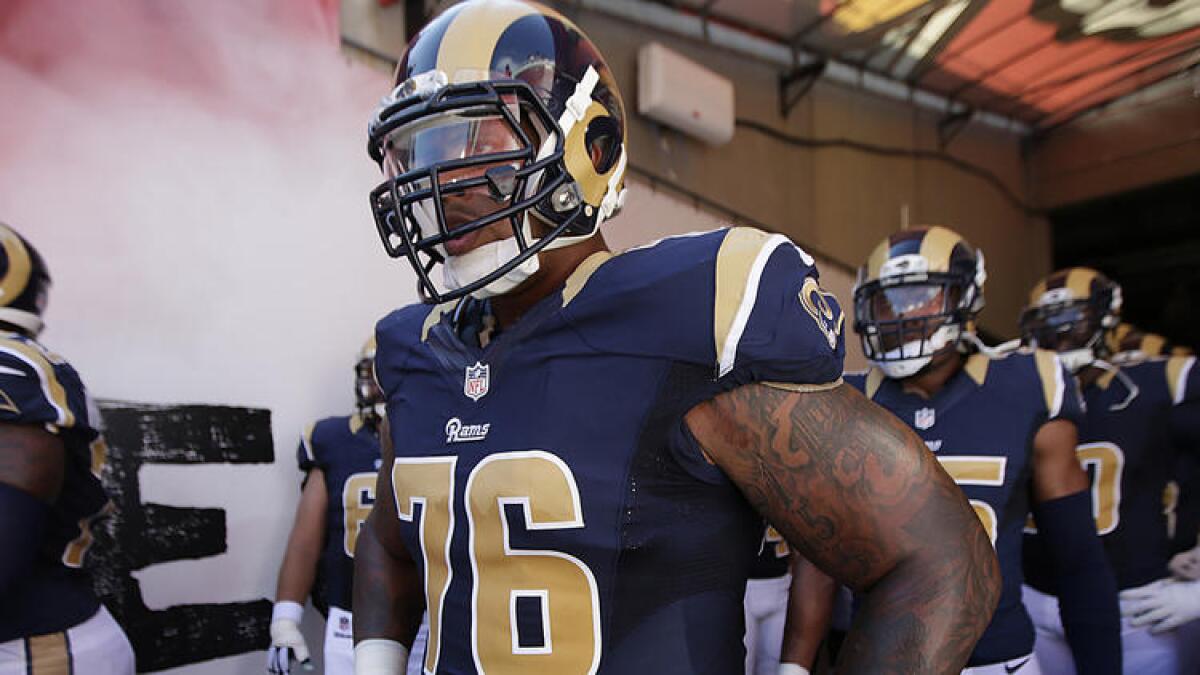 Rams guard Rodger Saffold gets ready to take the field before a game earlier this season.
