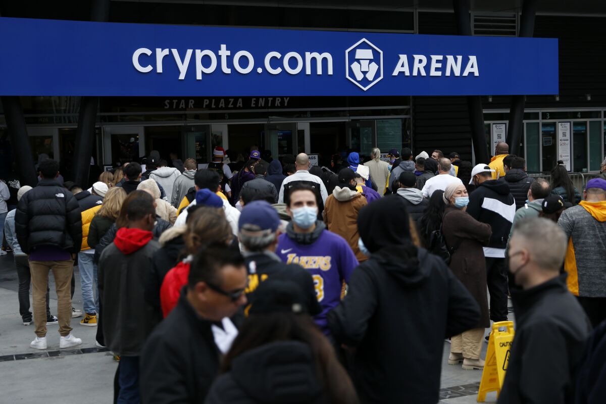 Fans lineup before the start of a game between the Lakers and Brooklyn Nets at Crypto.com Arena 