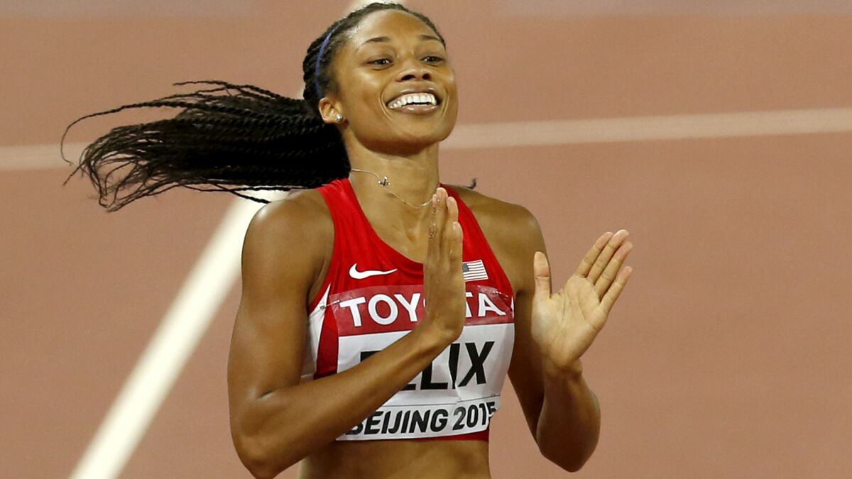 Sprinter Allyson Felix will try to join some illustrious company as she seeks to become the fourth person to win Olympic gold in the 200- and 400-meter dashes.