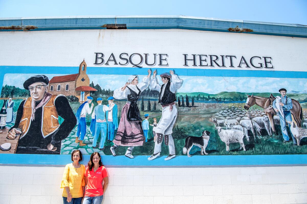 Jenny Poncette, left, and her daughter, Christiane Camou, pose beneath a mural by artist Tom Zachery in the parking lot of their restaurant Wool Growers in Bakersfield.