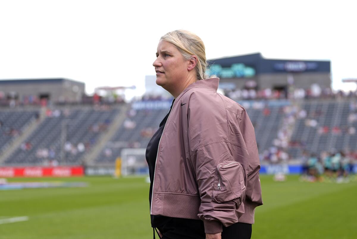 U.S. women's national team coach Emma Hayes stands on the field before an international friendly win over South Korea.