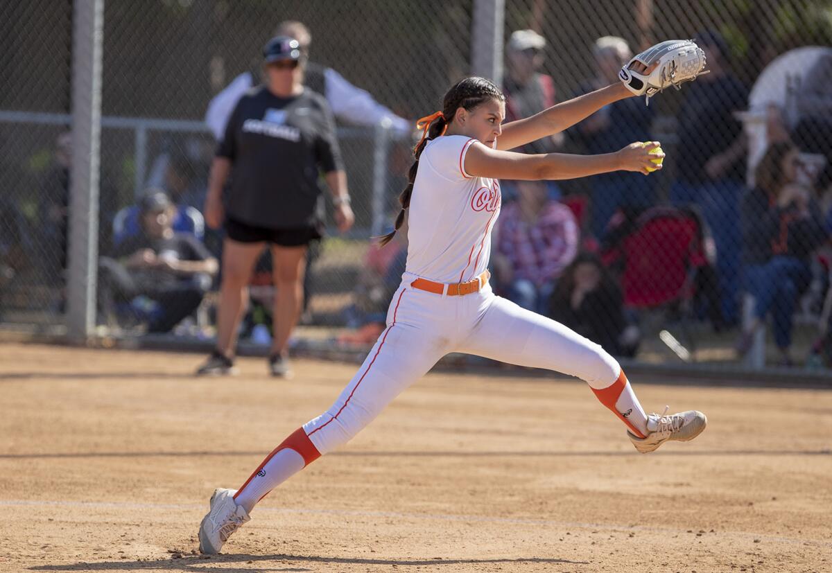 Huntington Beach's Grace Uribe pitches against Norco in a CIF Southern Section Division 1 semifinal playoff game on May 14 in Huntington Beach.