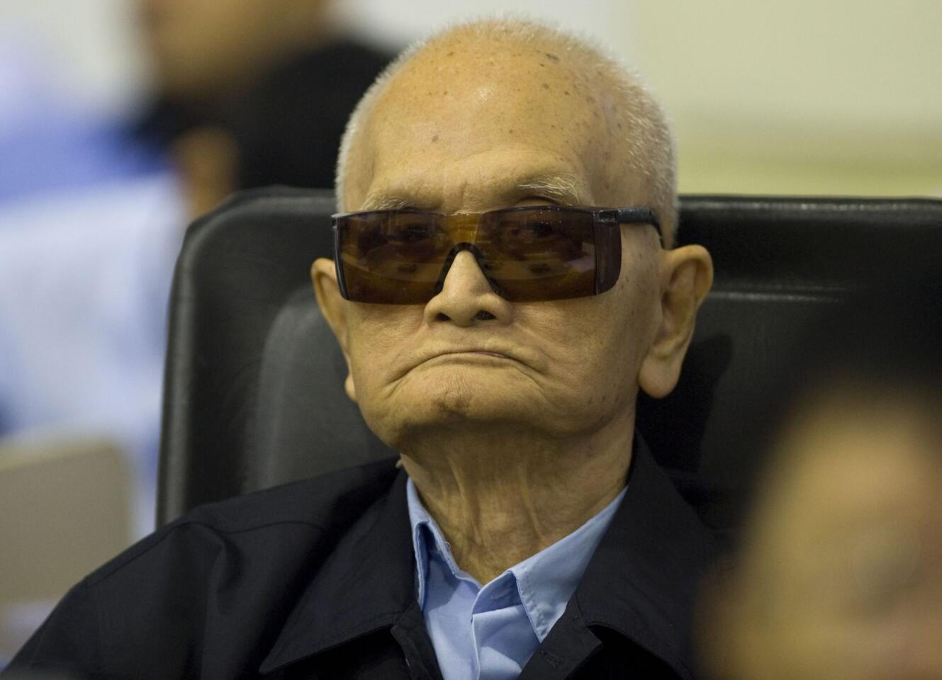 Nuon Chea, former Khmer Rouge deputy secretary of the communist party of Kampuchea, in the Phnom Penh courtroom.