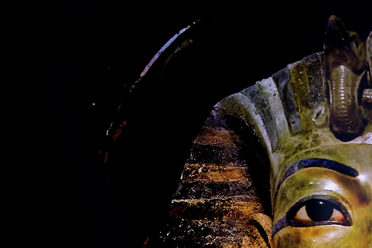 A digital image of King Tutankhamun's gold funerary mask in "Beyond King Tut."