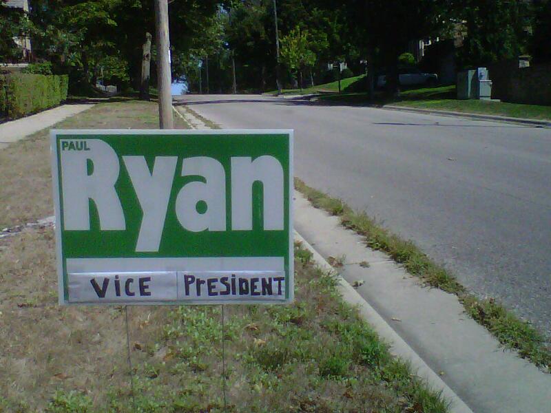 A makeshift campaign sign made by a neighbor of Rep. Paul Ryan, the newly chosen Republican vice presidential candidate.