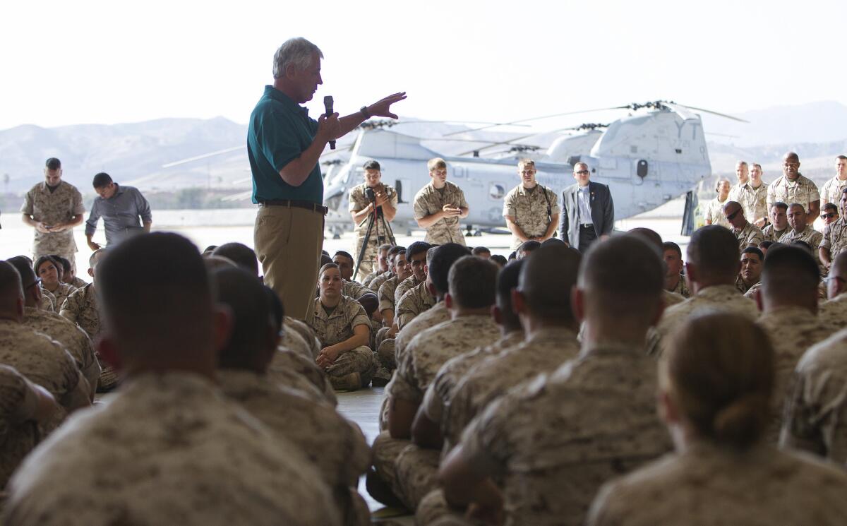 Defense Secretary Chuck Hagel speaks to Marines inside a squadron hangar at Camp Pendleton on Aug. 12.