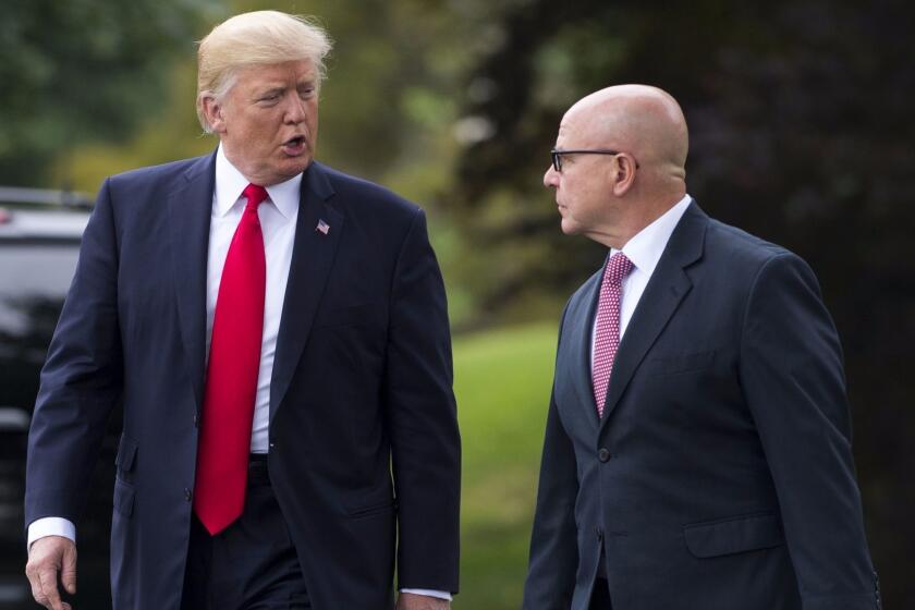 US President Donald Trump and National Security Adviser H.R. McMaster (R) walk to Marine One prior to departing from the South Lawn of the White House in Washington, DC, June 16, 2017, as Trump travels to Miami, Florida to announce his policy toward Cuba. / AFP PHOTO / SAUL LOEBSAUL LOEB/AFP/Getty Images ** OUTS - ELSENT, FPG, CM - OUTS * NM, PH, VA if sourced by CT, LA or MoD **
