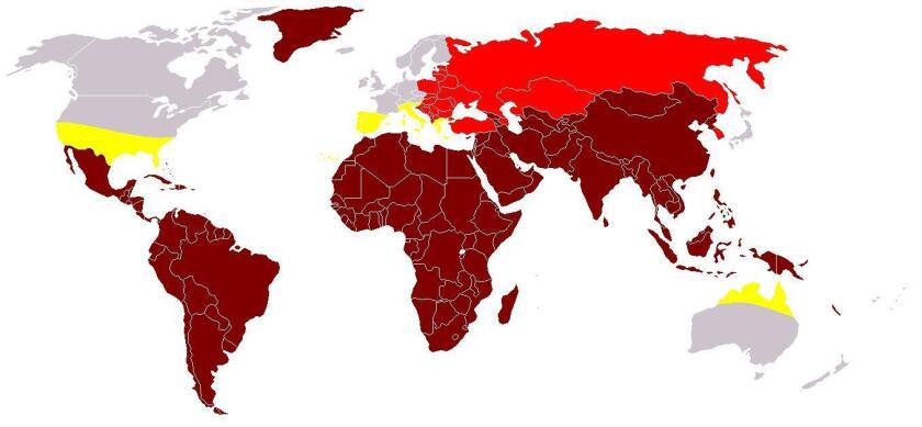 This map illustrates the risk of Hepatitis A throughout the world. Brown = high. Red = medium to high. Yellow = low to medium. Grey = low.