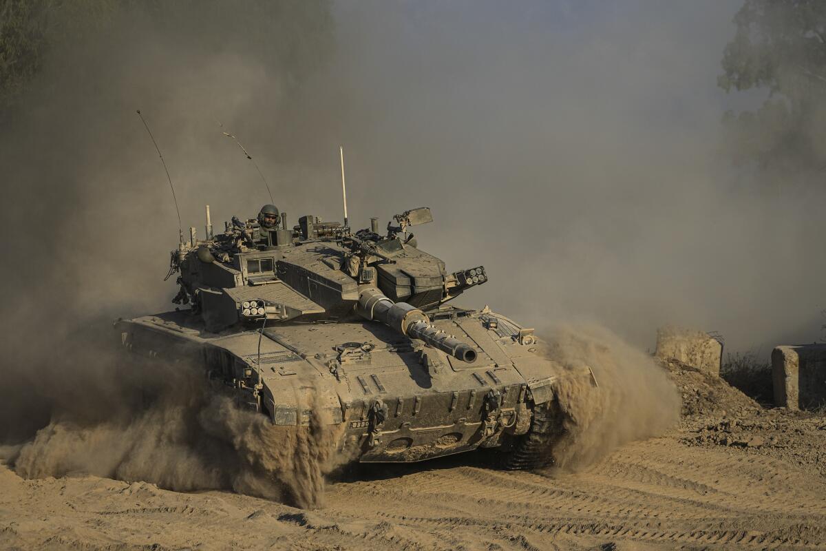An Israeli tank near the Israeli-Gaza border.