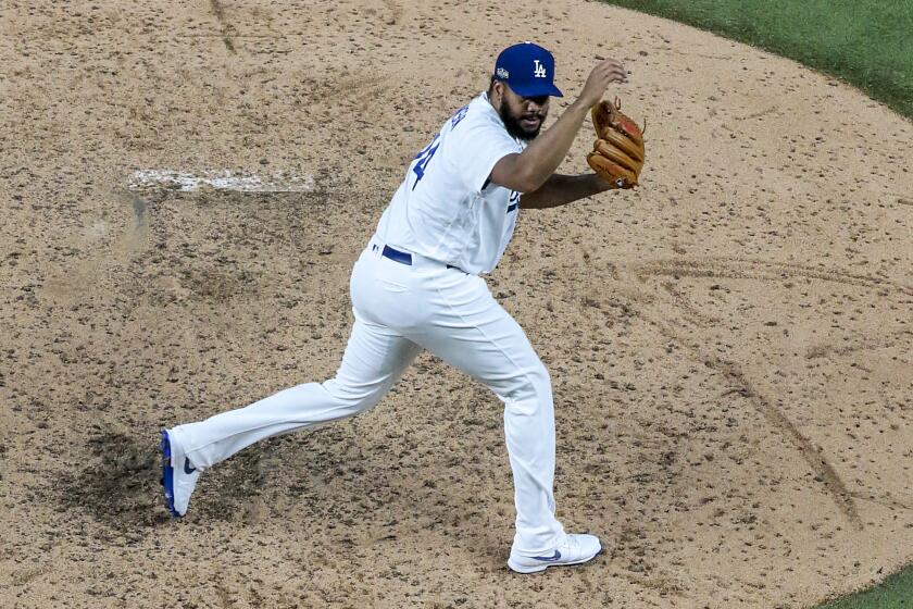 Arlington, Texas, Saturday, October 17, 2020. Los Angeles Dodgers relief pitcher Kenley Jansen.