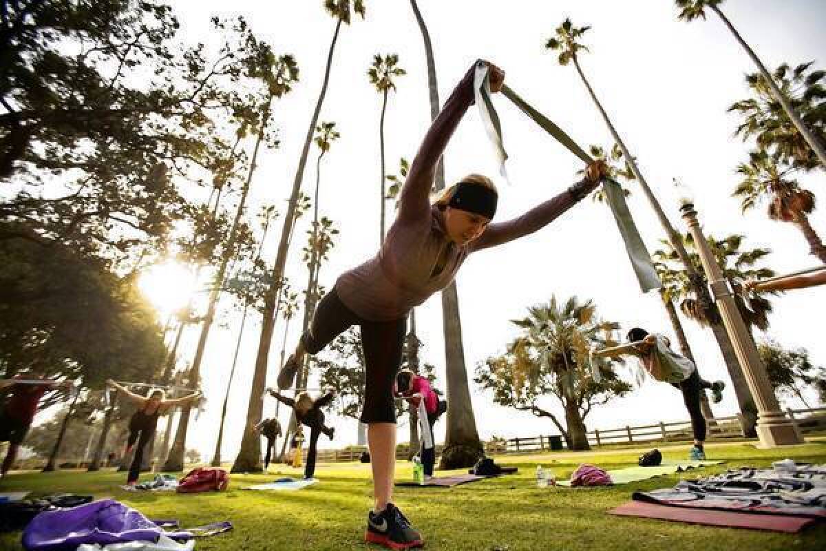 Trainer Angela Parker leads her class in a workout at Palisades Park along Ocean Avenue in Santa Monica. The city isn't alone in its struggle to deal with complaints about crowds of fitness fanatics.