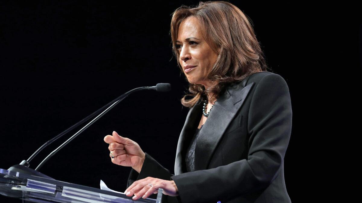 Sen. Kamala Harris speaks at the Human Rights Campaign gala Saturday at the JW Marriott in downtown Los Angeles.