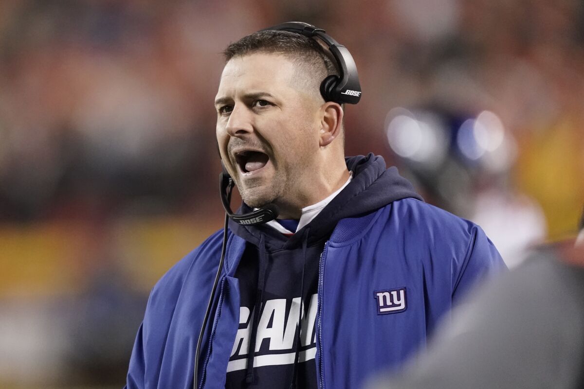 New York Giants head coach Joe Judge is seen of the sidelines during the first half of an NFL football game against the Kansas City Chiefs Monday, Nov. 1, 2021, in Kansas City, Mo. (AP Photo/Charlie Riedel)