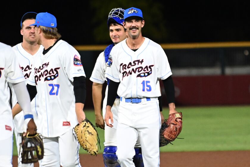 Rocket City Trash Pandas pitcher Kieran Lovegrove reacts after the game against the Tennessee Smokies during a minor league baseball game Thursday, September 2, 2021, in Madison, Alabama. (Cristina Byrne/Rocket City Trash Pandas)