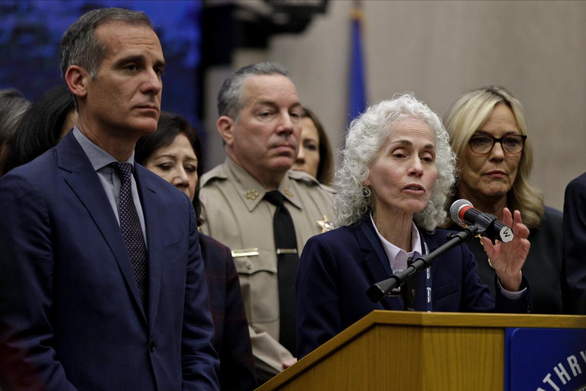 L.A. County Public Health Director Barbara Ferrer speaks March 12 at a news conference on COVID-19.