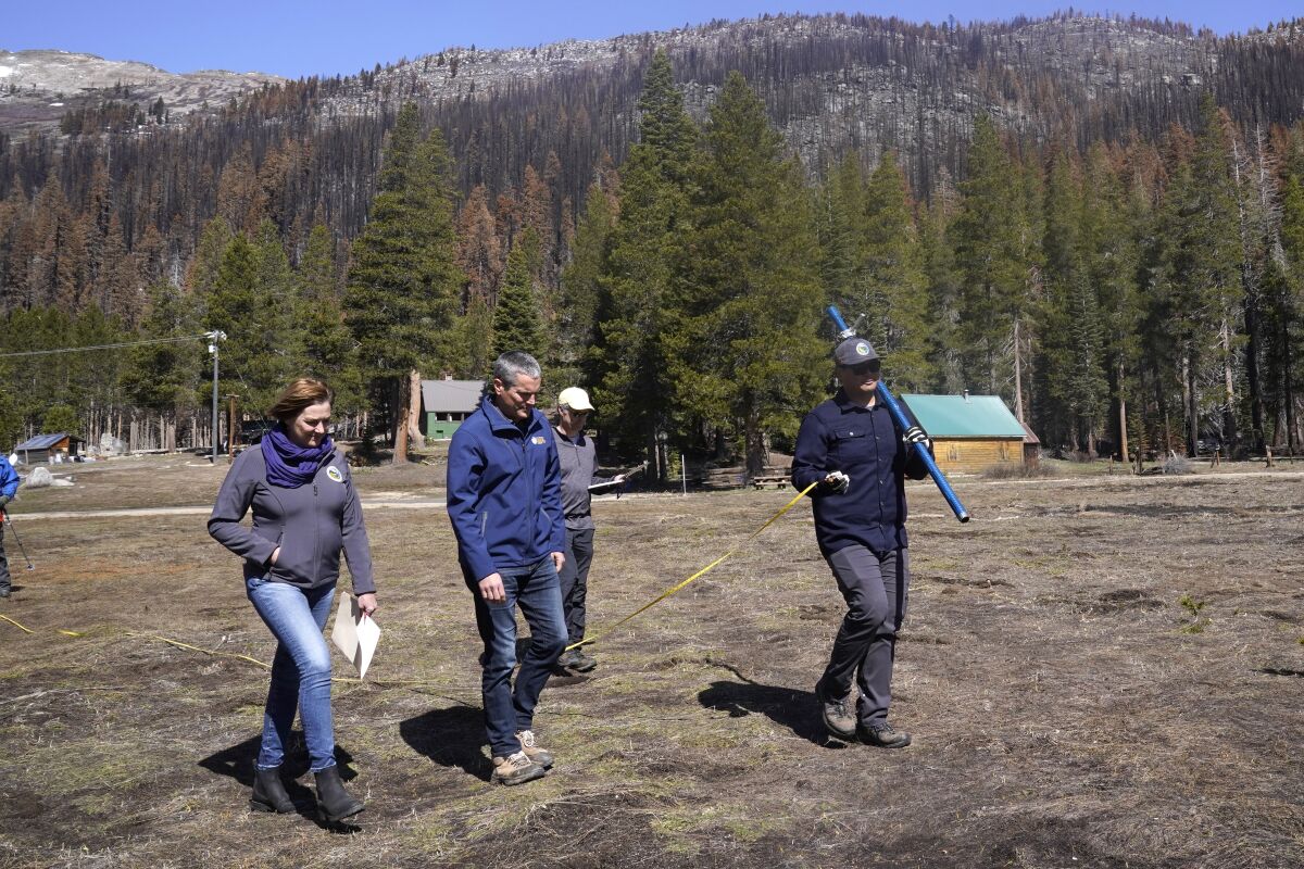 Officials walk across a snowless, dry meadow.