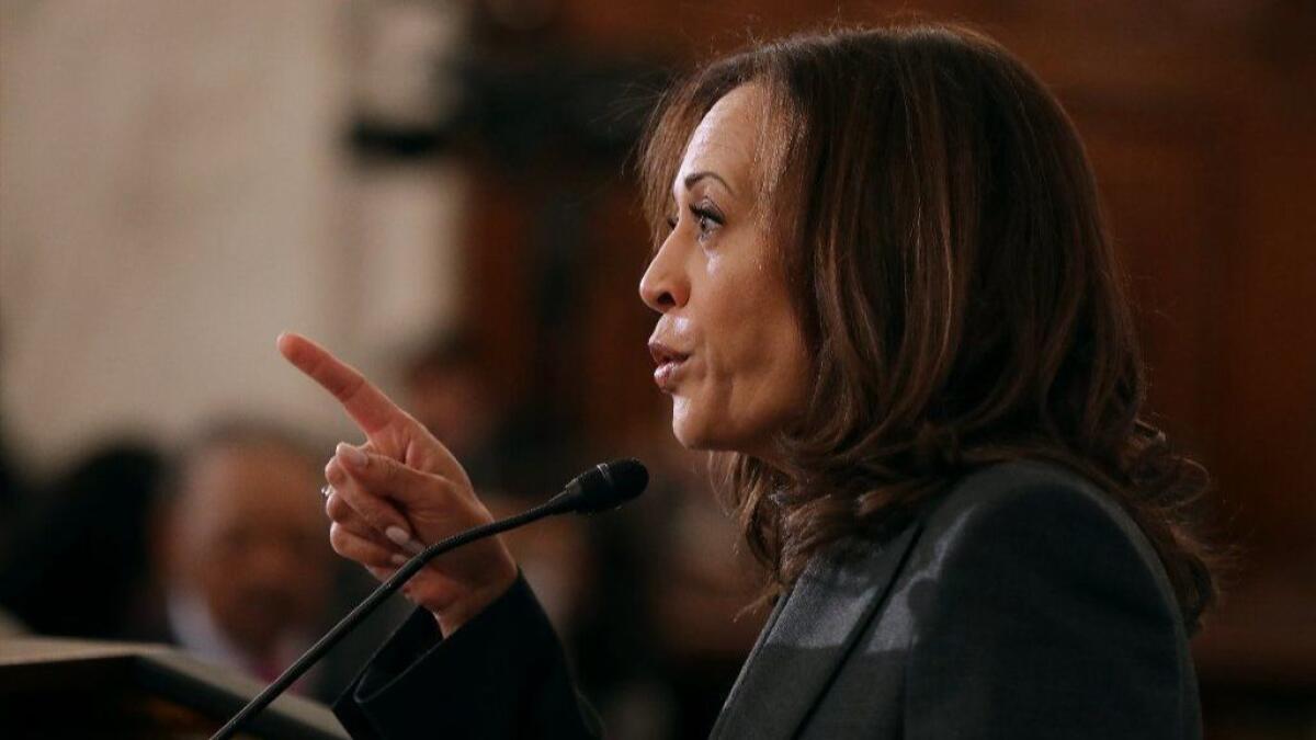 Sen. Kamala Harris (D-Calif.), a possible presidential candidate in 2020, addresses a meeting of the Rev. Al Sharpton's National Action Network on Nov. 13 in Washington.