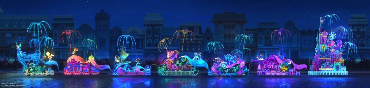 A rendering shows a procession of lighted floats in Disneyland's Main Street Electrical Parade. returns