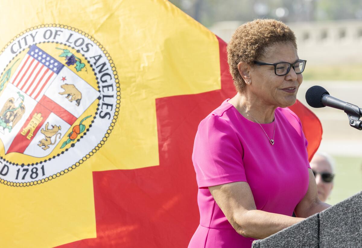 Los Angeles Mayor Karen Bass makes remarks at the "Reconnecting MacArthur Park" project announcement