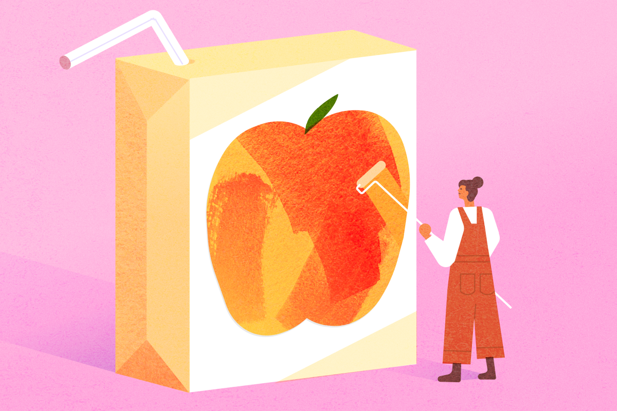 Illustration of a juicebox with an apple being repainted on it