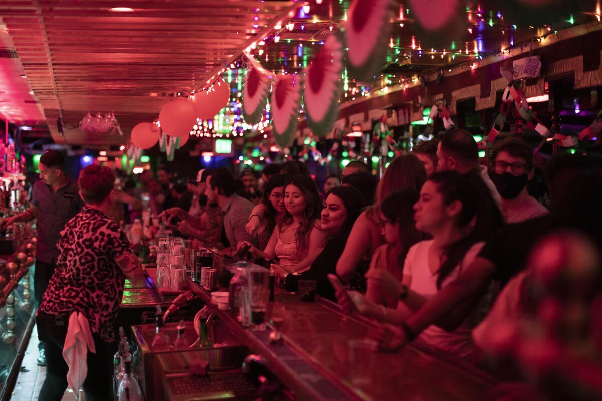 People line a bar with festive decorations overhead.