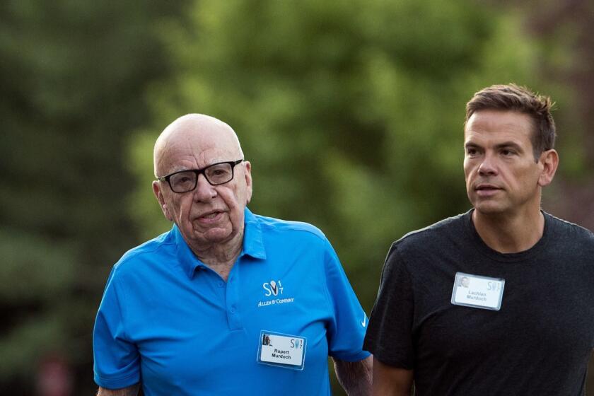 SUN VALLEY, ID - JULY 13: (L to R) Rupert Murdoch, executive chairman of News Corp and chairman of Fox News, and Lachlan Murdoch, co-chairman of 21st Century Fox, walk together as they arrive on the third day of the annual Allen & Company Sun Valley Conference, July 13, 2017 in Sun Valley, Idaho. Every July, some of the world's most wealthy and powerful businesspeople from the media, finance, technology and political spheres converge at the Sun Valley Resort for the exclusive weeklong conference. (Photo by Drew Angerer/Getty Images) ** OUTS - ELSENT, FPG, CM - OUTS * NM, PH, VA if sourced by CT, LA or MoD **