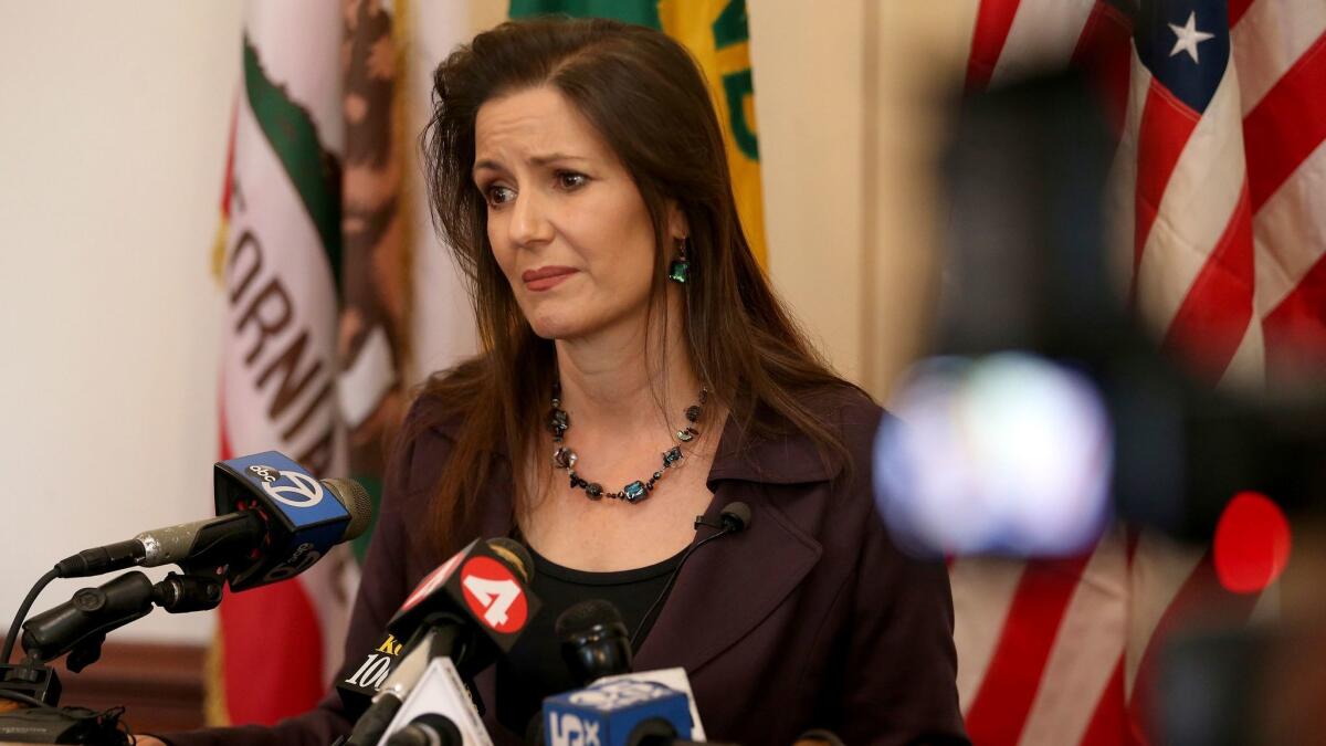 Oakland Mayor Libby Schaaf takes questions from the media during a news conference at City Hall on Feb. 27.