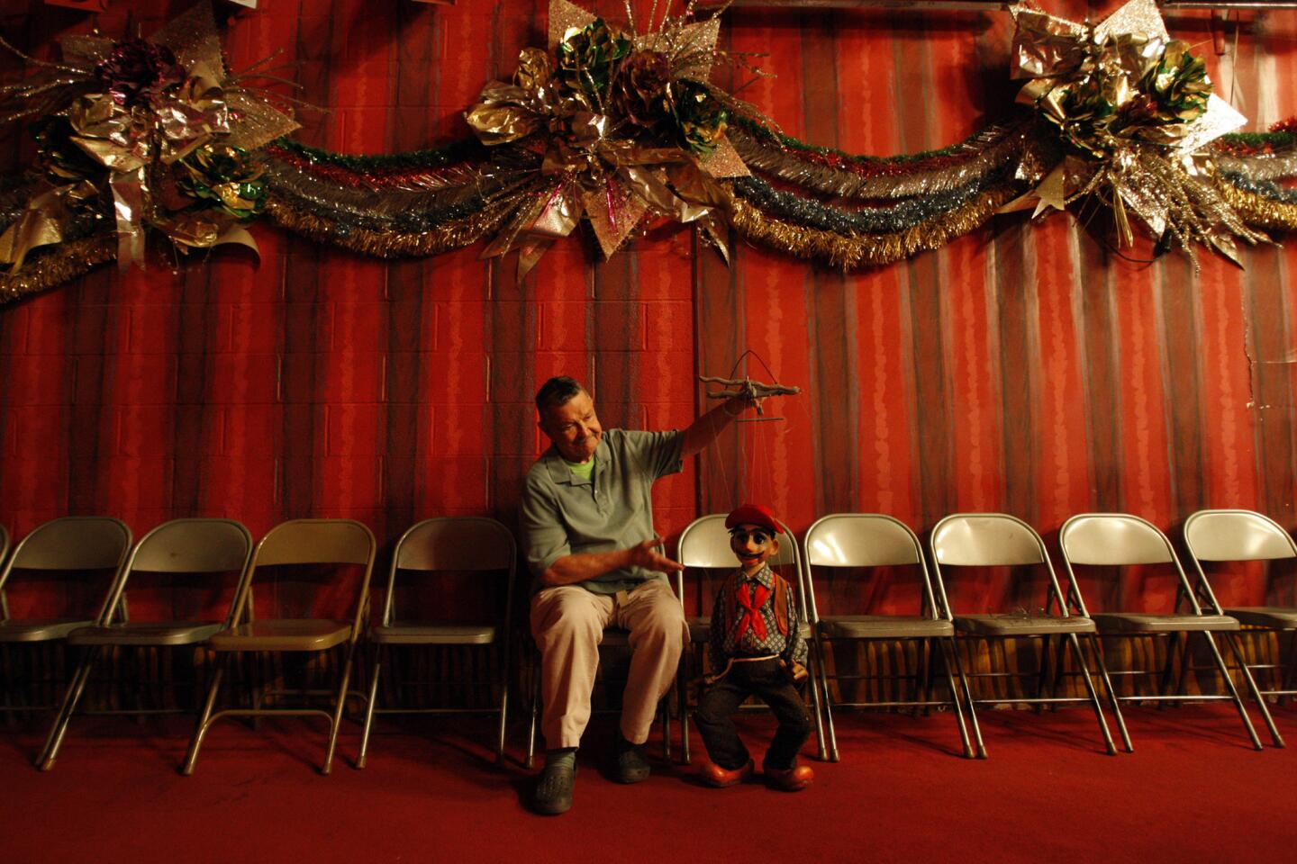 Bob Baker, at 88, hangs out with his Don Tortilla character inside the Bob Baker Marionette Theater in 2012.