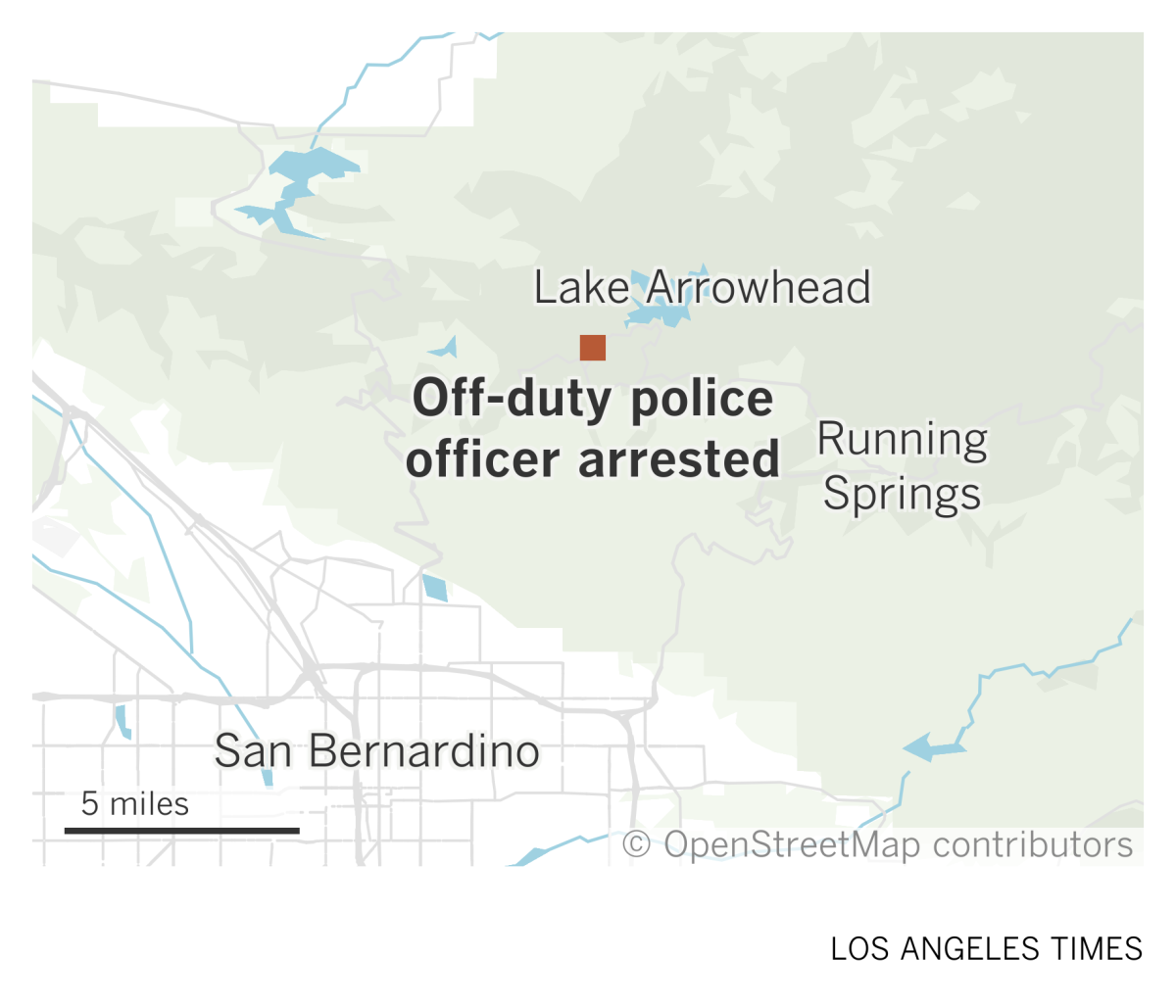 A map shows where an off-duty San Bernardino police officer was arrested near Lake Arrowhead