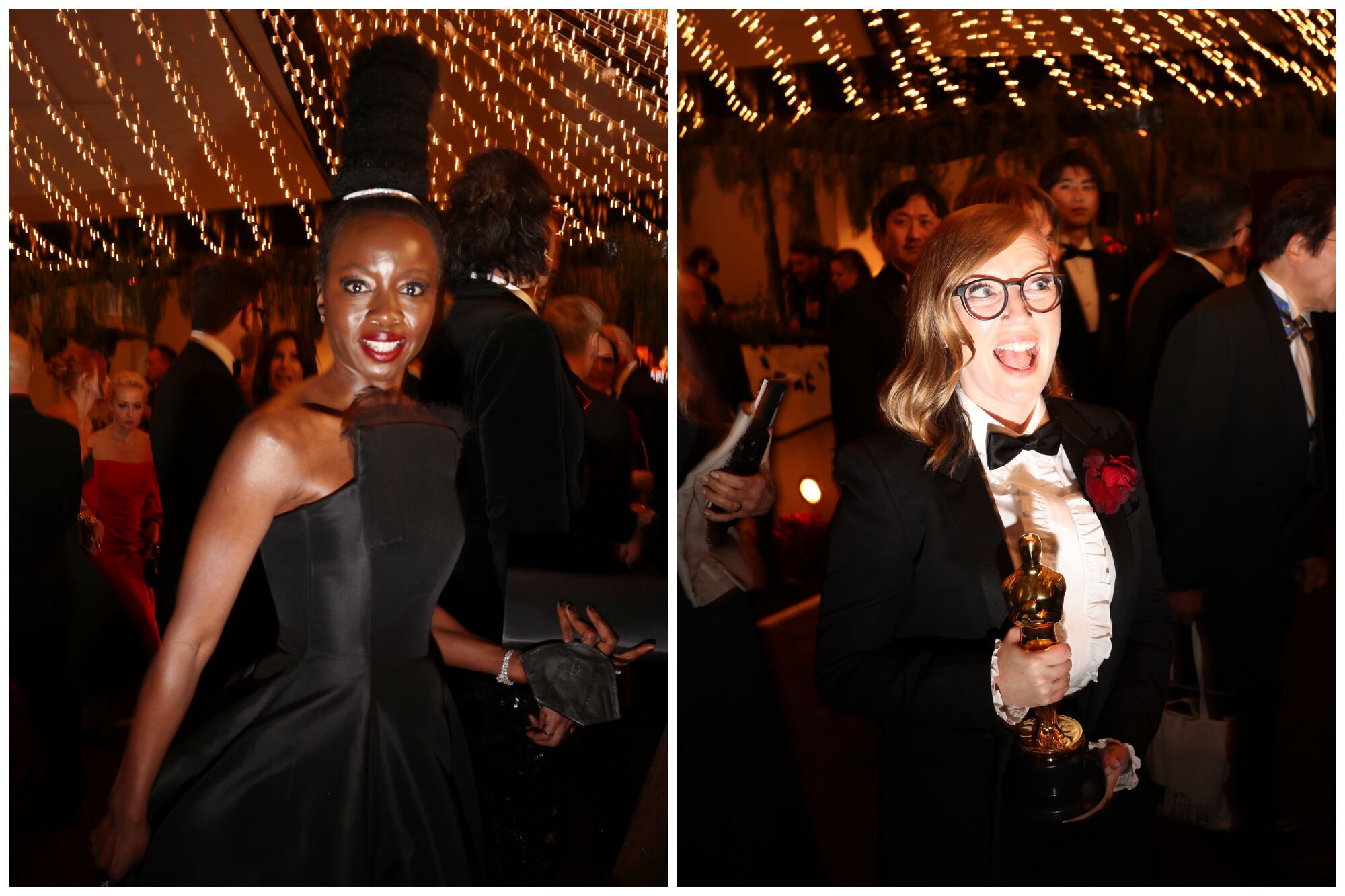 Danai Gurira and Sarah Polley stand amid a crowd under rows of white lights.