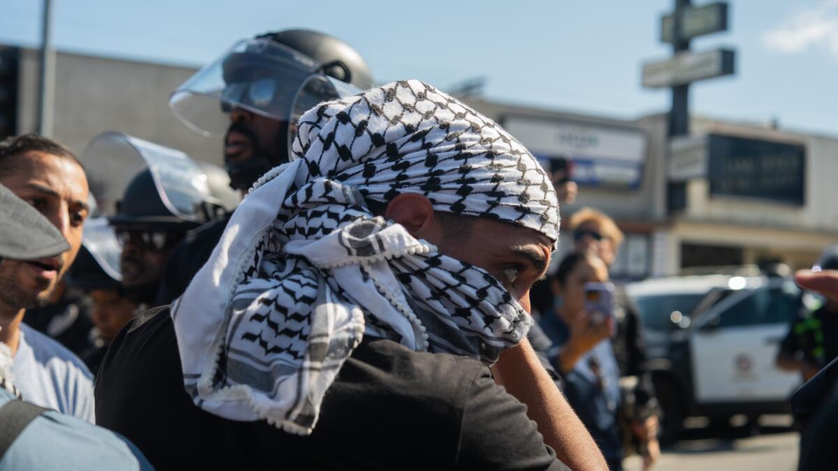 A pro-Palestinian protester wears a face covering.