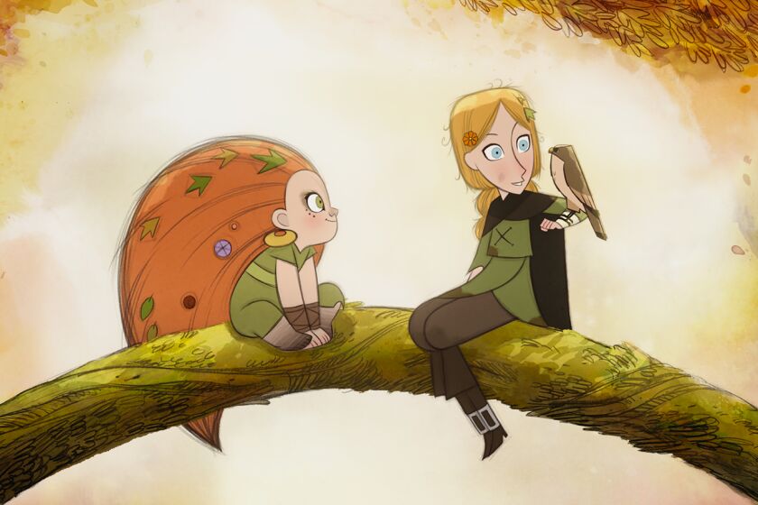 Robyn Goodfellowe and Mebh Óg Mactíre perched on a tree in the animated movie “Wolfwalkers.”