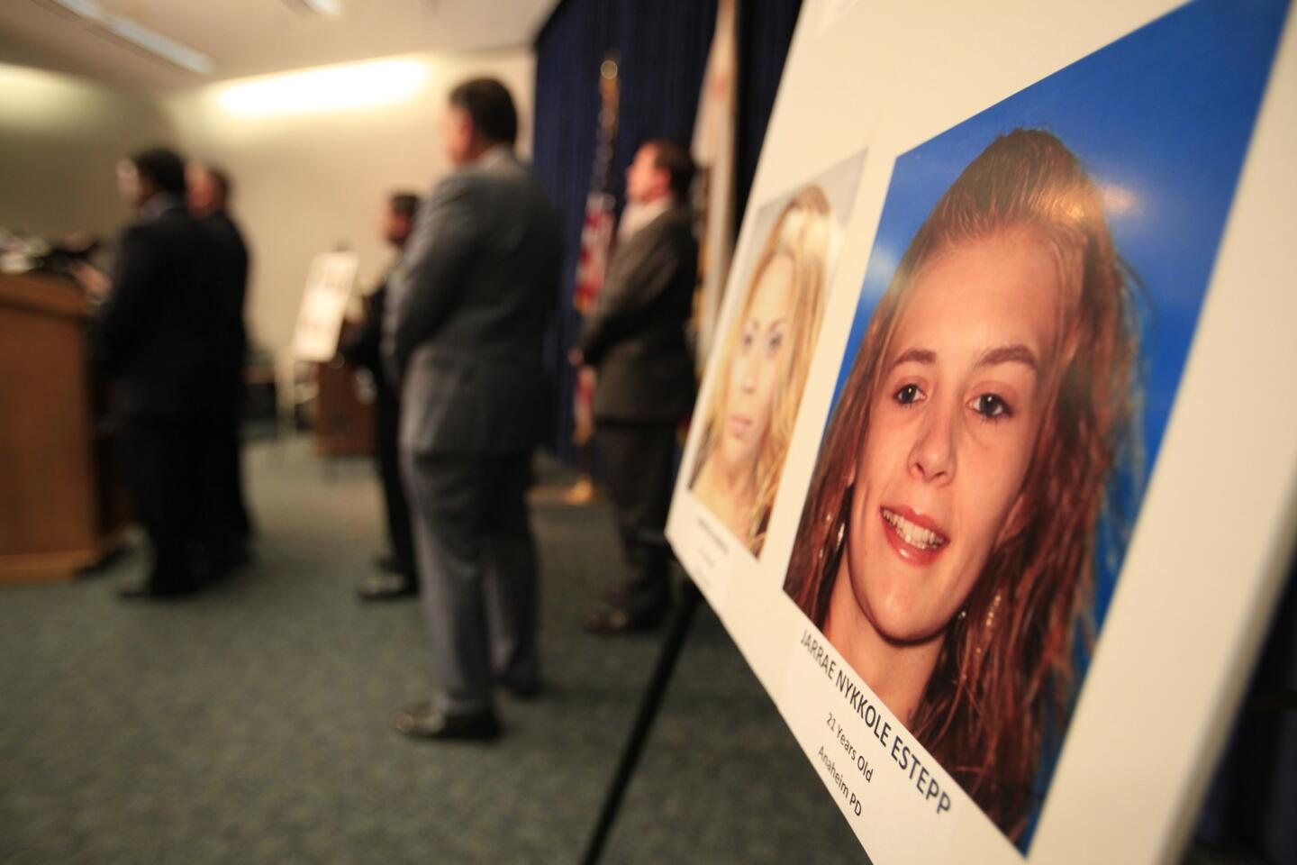 Photo of Jarrae Nykkole Estepp, 21, bottom right, at an Anaheim press conference where authorities discussed the deaths of at least four women, allegedly at the hands of two Anaheim men.