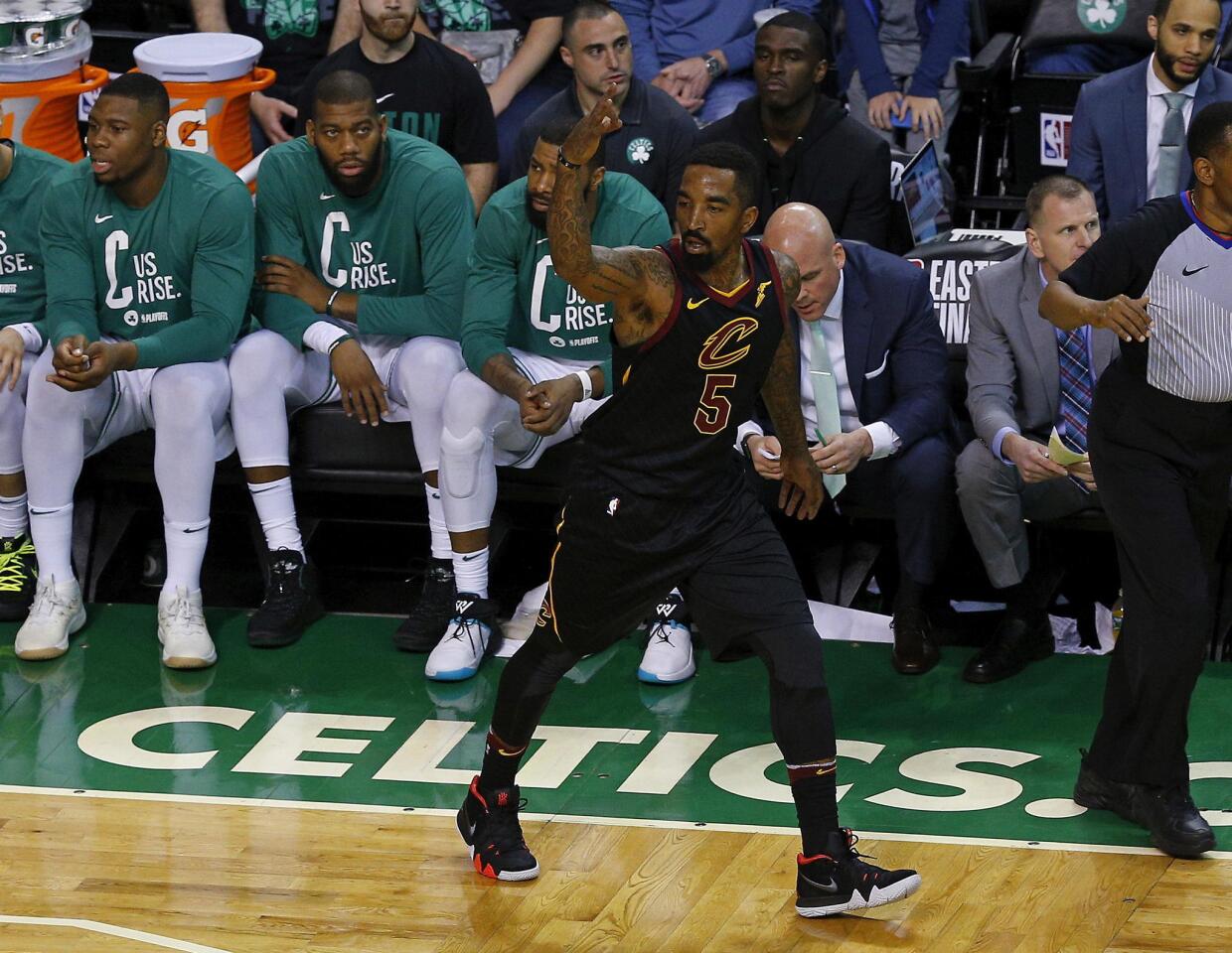 Cleveland Cavaliers guard JR Smith (C) celebrates a three point shot during the third quarter of the Eastern Conference Finals playoff game seven between the Boston Celtics and the Cleveland Cavaliers at the TD Garden in Boston, Massachusetts, USA 27 May 2018. The best of seven series is tied 3-3.
