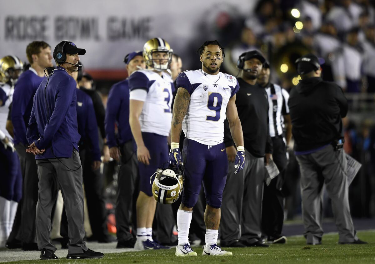 Washington's Myles Gaskin looks on during the second half of the Huskies' 28-23 loss to Ohio State in the Rose Bowl game Jan. 1 in Pasadena.